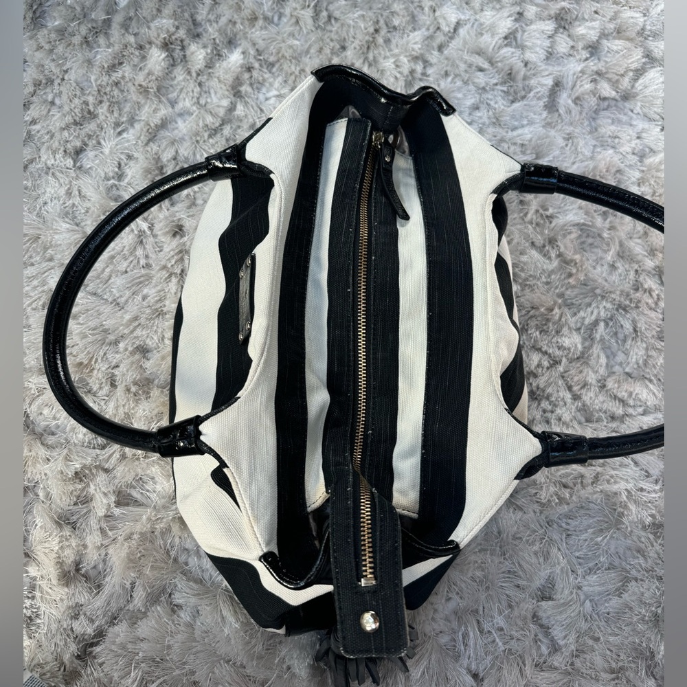 Kate Spade Black and White Stripe Canvas and Patent Leather Accents Hand Bag - Picture 4 of 11